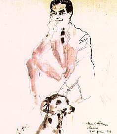 Ink on white paper with a man and his dog